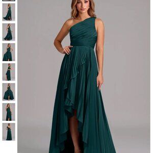 Azazie Lyrica Stretch Pine A-Line One Shoulder Stretch Satin Dress